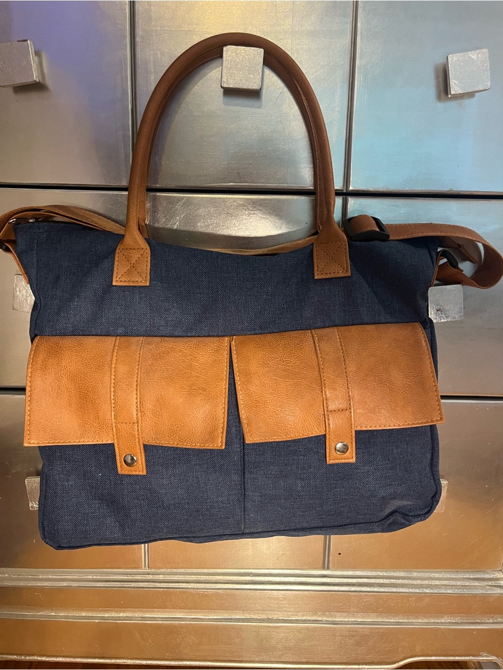 Canvas and Brown Faux-Leather Bag